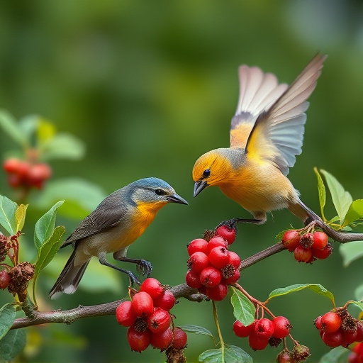 Wild birds feeding on fresh berries