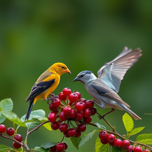 Wild birds feeding on fresh berries