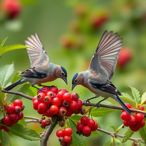 Wild birds feeding on fresh berries