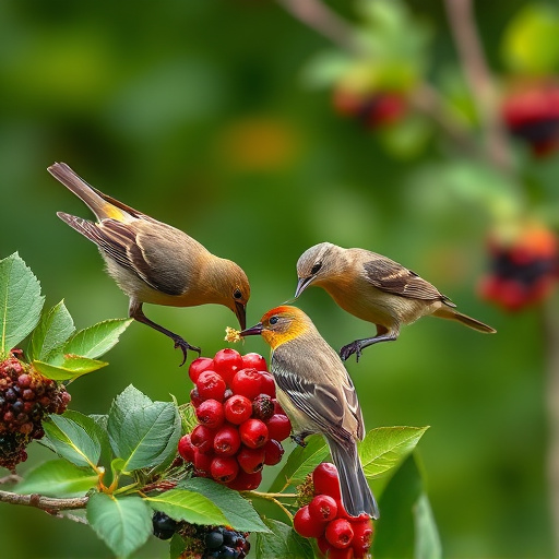 Wild birds feeding on fresh berries