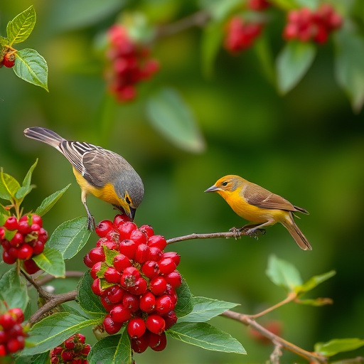 Wild birds feeding on fresh berries