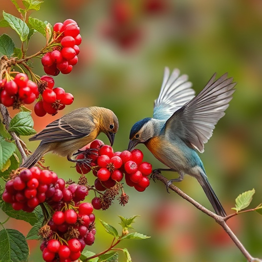 Wild birds feeding on fresh berries