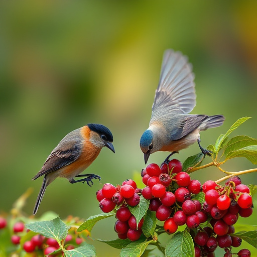 Wild birds feeding on fresh berries