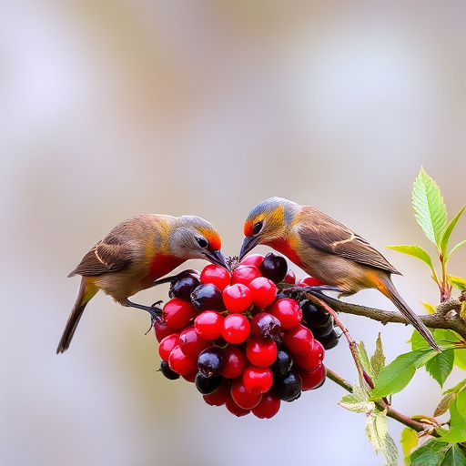 Wild birds feeding on fresh berries