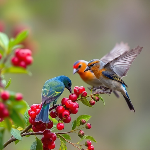 Wild birds feeding on fresh berries