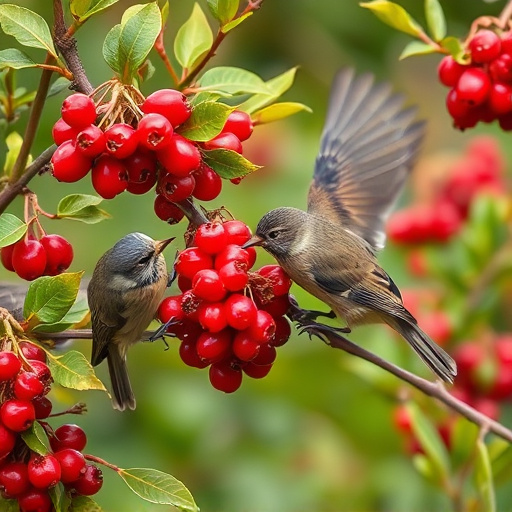 Wild birds feeding on fresh berries