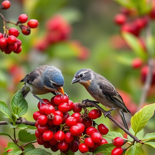 Wild birds feeding on fresh berries