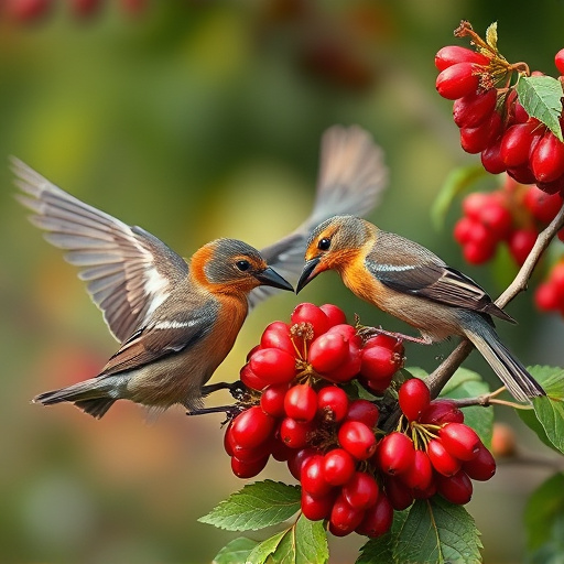 Wild birds feeding on fresh berries