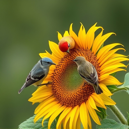 Wild birds feeding on sunflower seeds