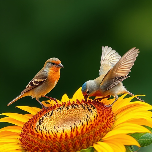 Wild birds feeding on sunflower seeds