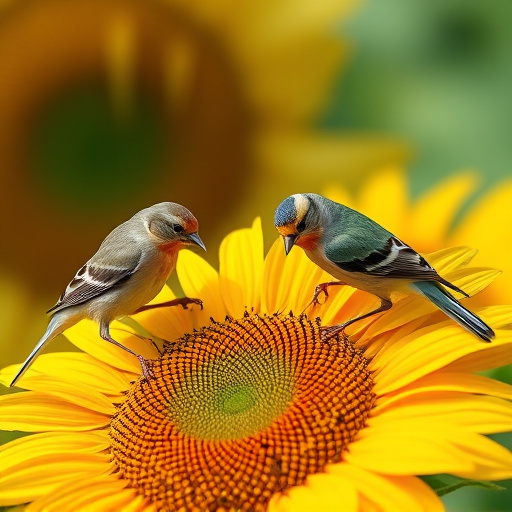 Wild birds feeding on sunflower seeds