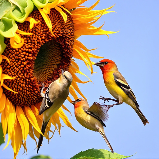 Wild birds feeding on sunflower seeds