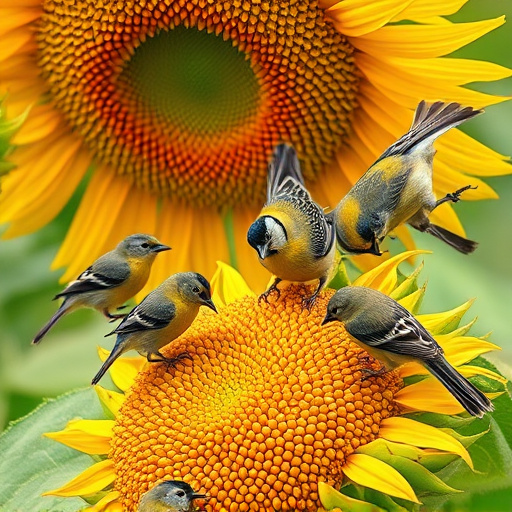 Wild birds feeding on sunflower seeds