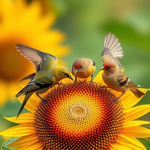 Wild birds feeding on sunflower seeds