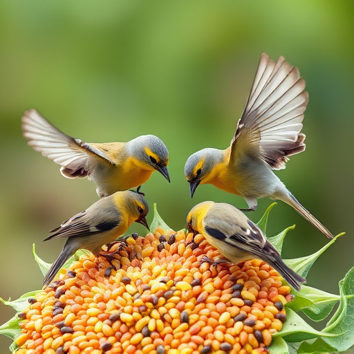 Wild birds feeding on sunflower seeds