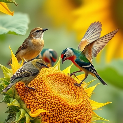 Wild birds feeding on sunflower seeds