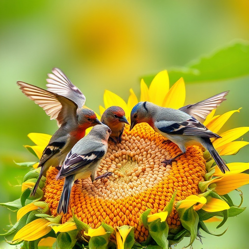 Wild birds feeding on sunflower seeds
