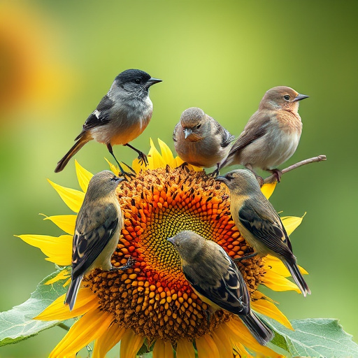 Wild birds feeding on sunflower seeds