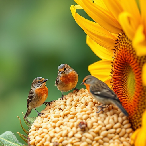Wild birds feeding on sunflower seeds