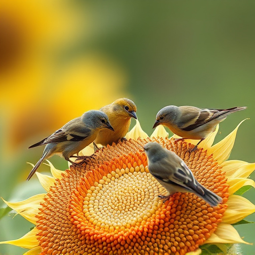 Wild birds feeding on sunflower seeds