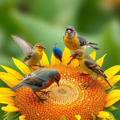 Wild birds feeding on sunflower seeds