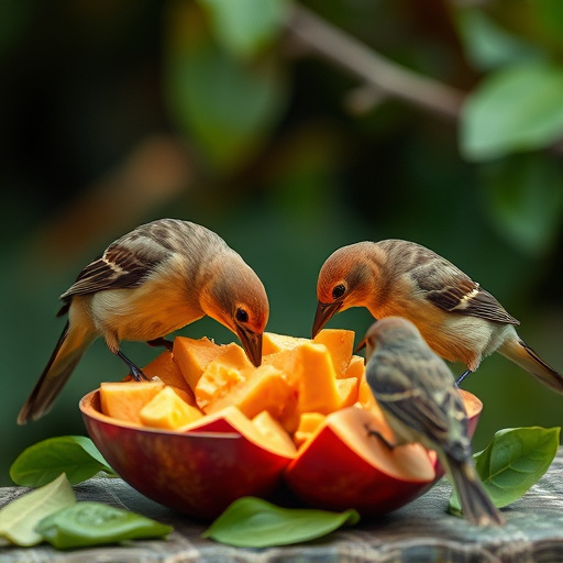 Wild birds pecking at chopped fruit