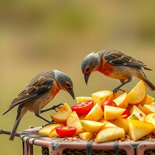Wild birds pecking at chopped fruit