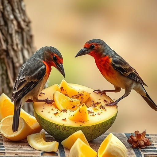 Wild birds pecking at chopped fruit