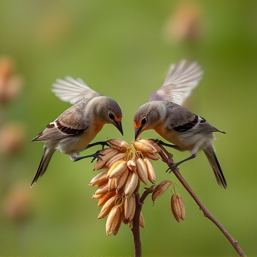 Wild birds pecking at fresh seeds