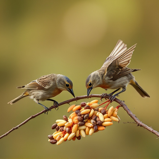Wild birds pecking at fresh seeds