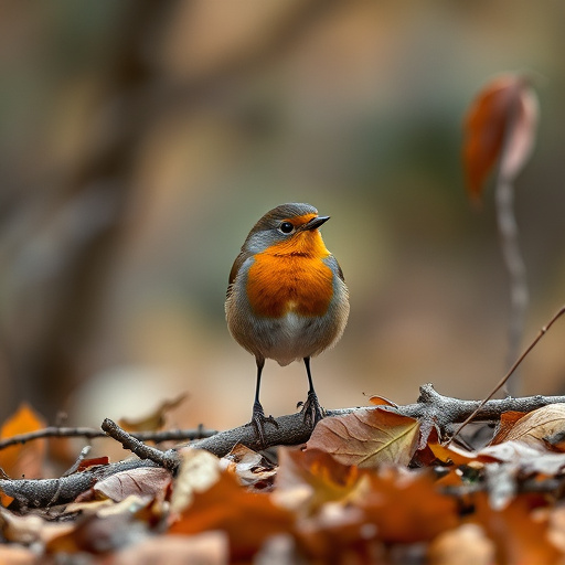 Wild robin in woodland during autumn