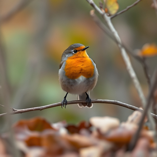 Wild robin in woodland during autumn
