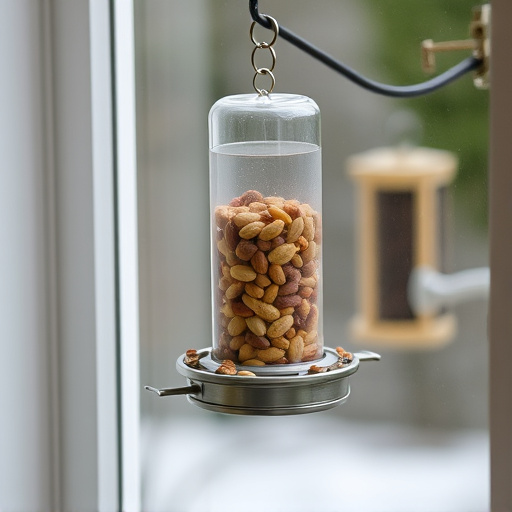 Window feeder filled with seeds outdoors