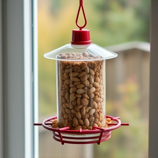 Window feeder filled with seeds outdoors
