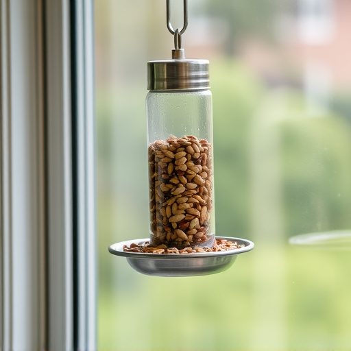 Window feeder filled with seeds outdoors