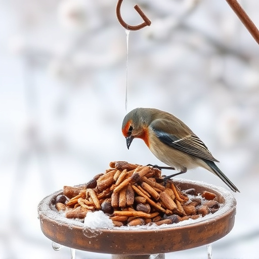 Winter bird food on frosty bird table