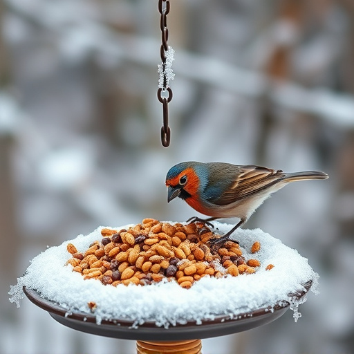Winter bird food on frosty bird table