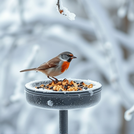 Winter bird food on frosty bird table