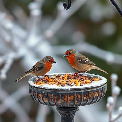 Winter bird food on frosty bird table