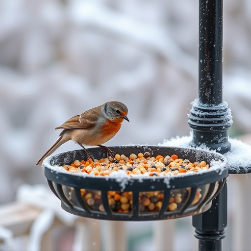 Winter bird food on frosty bird table