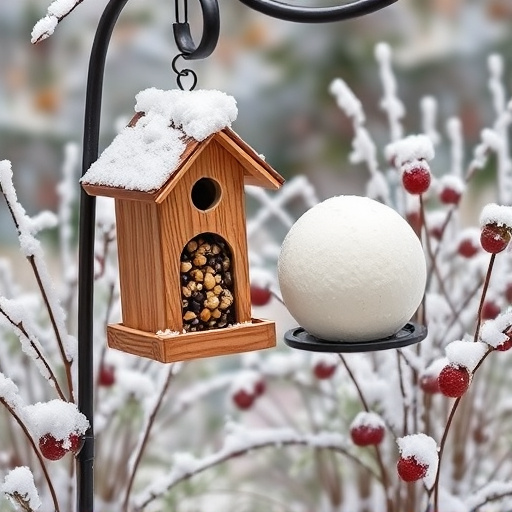 Winter garden scene with fat ball feeder