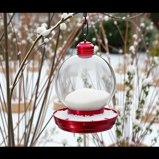 Winter garden scene with fat ball feeder