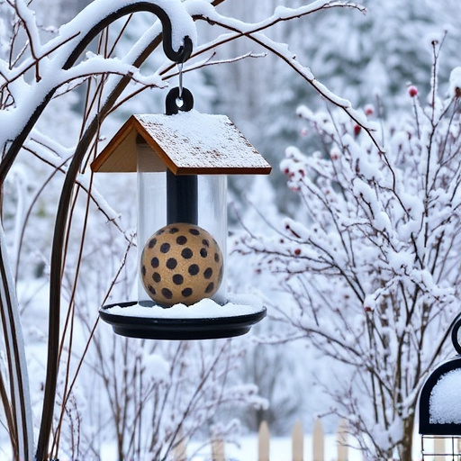Winter garden scene with fat ball feeder