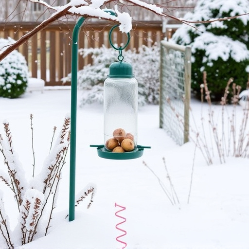 Winter garden scene with fat ball feeder