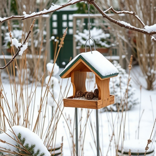 Winter garden scene with fat ball feeder