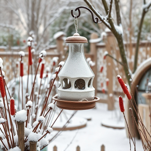Winter garden scene with fat ball feeder