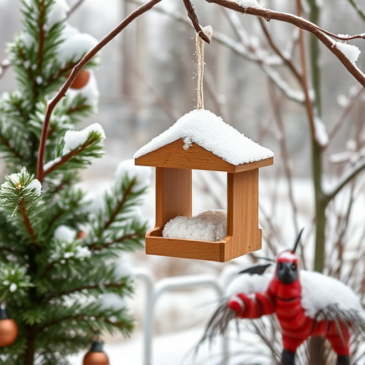 Winter garden scene with fat ball feeder