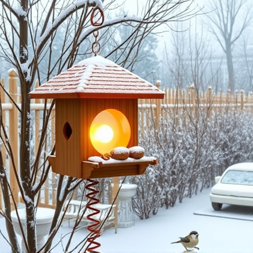 Winter garden scene with fat ball feeder