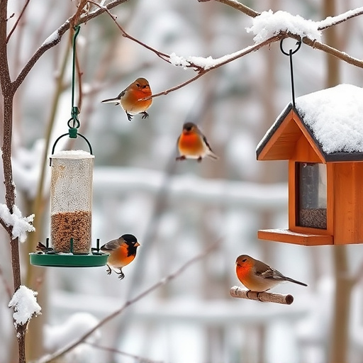 Winter garden scene with suet feeders