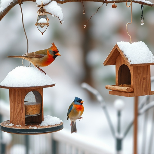 Winter garden scene with suet feeders